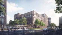 Sådan skal Lidls nye hovedkontor med butik i stueetagen se ud. Illustration: Link Arkitektur