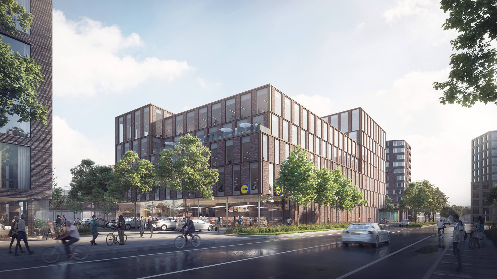 Sådan skal Lidls nye hovedkontor med butik i stueetagen se ud. Illustration: Link Arkitektur