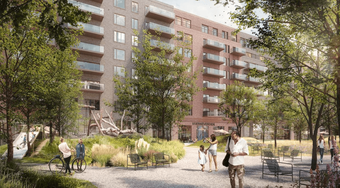 Tidligere offentliggjort illustration af NPV’s bolig- og butiksprojekt i Vejle. Illustration: Årstiderne Arkitekter