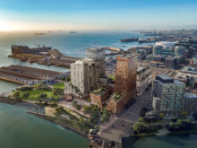 Henning Larsens højhus-projekt i San Francisco forrest til venstre i illustrationen. Illustration: Henning Larsen Architects