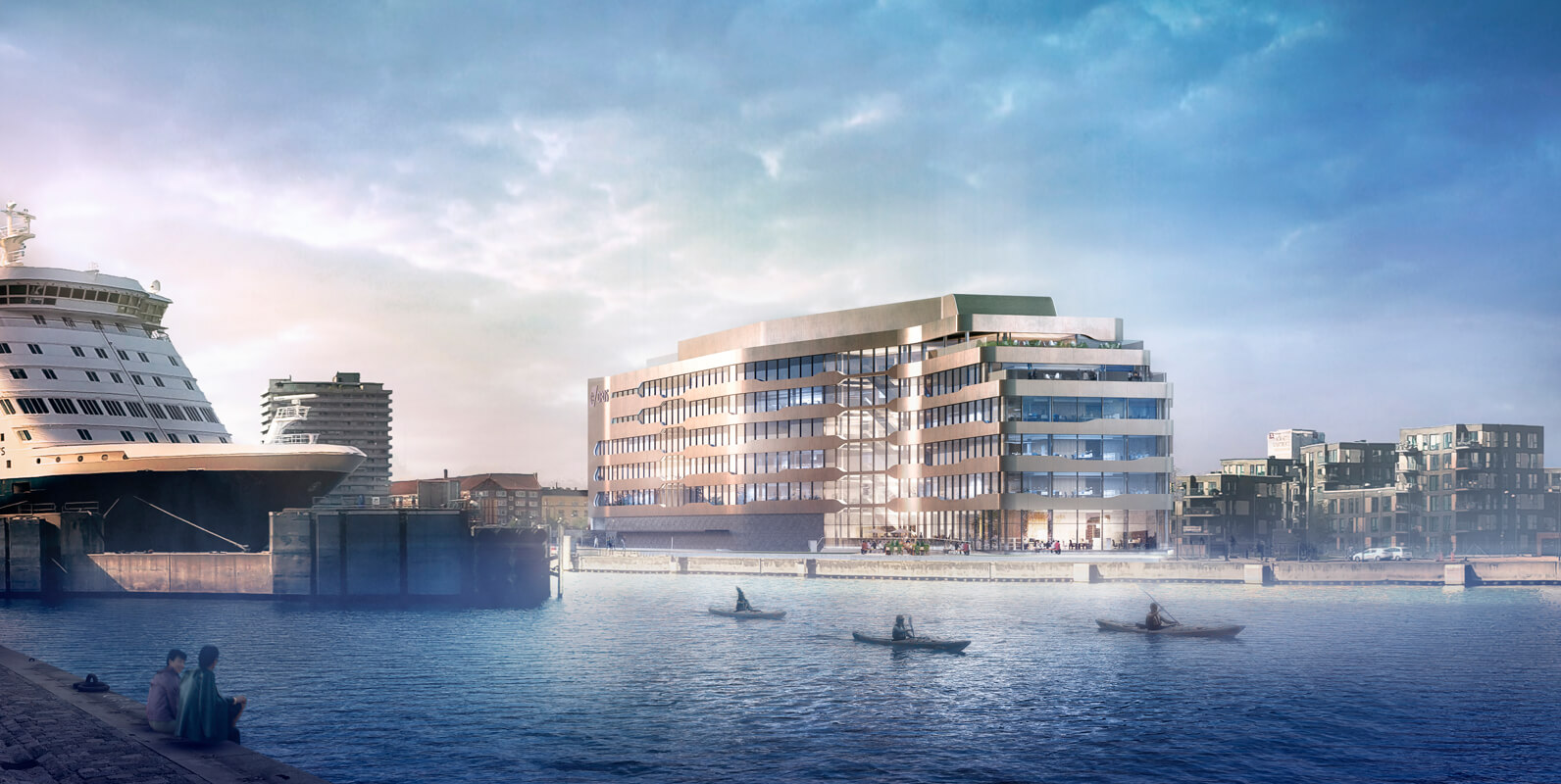 DFDS’ 12.500 kvm kommende store Pensiondanmark-ejede domicilbyggeri på Marmormolen i København. Illustration: PLH Arkitekter