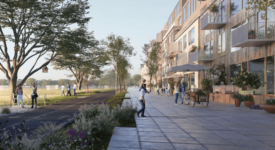 Kløverhaven skal bygges for enden af Kløvermarkens fodboldbaner. Illustration: Gehl Architects skal bygges for enden af Kløvermarkens fodboldbaner. Illustration: KAB